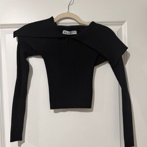 Zara Black Ribbed Off-Shoulder Knit Top